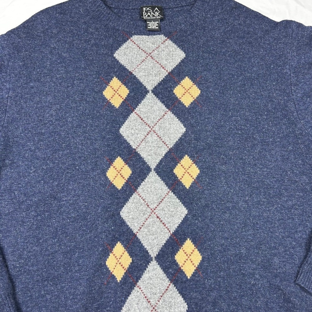 Jos A Bank Men's Lambswool Blend Crewneck Sweater Size L Preppy Argyle Golf - Picture 2 of 11